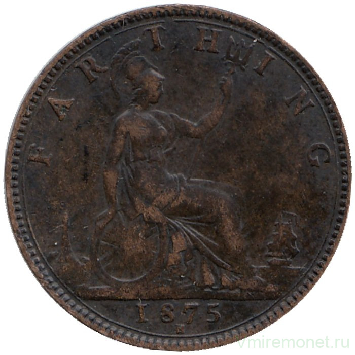 Монета. Великобритания. 1 фартинг 1875 год. H.