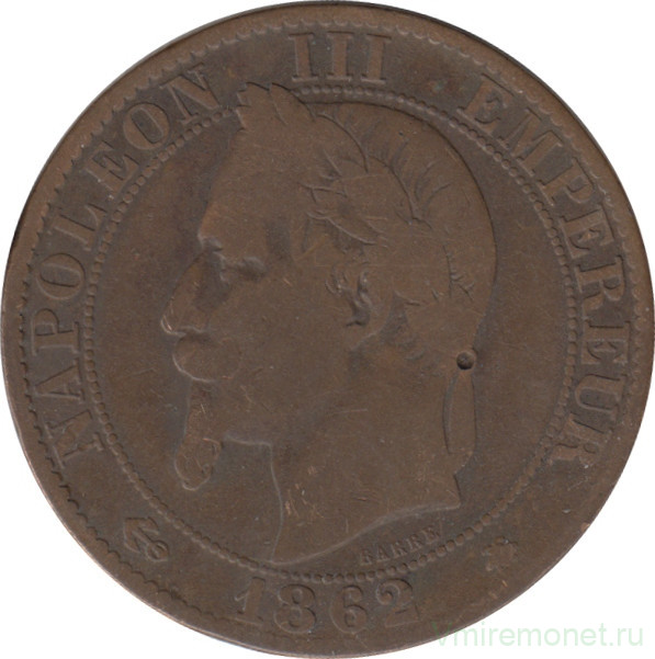 Монета. Франция. 5 сантимов 1862 год. А.