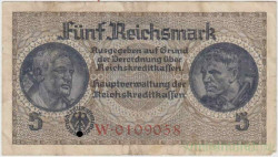 Банкнота. Германия. Третий рейх. Немецкие оккупационные деньги. 5 рейхсмарок 1940-1945 годы.Серийный номер - буква, семь цифр (красные). Тип R138a. Банкнота. Германия. Третий рейх. Немецкие оккупационные деньги. 5 рейхсмарок 1940-1945 годы.Серийный номер - буква, семь цифр (красные). Тип R138a.