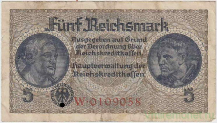 Банкнота. Германия. Третий рейх. Немецкие оккупационные деньги. 5 рейхсмарок 1940-1945 годы.Серийный номер - буква, семь цифр (красные). Тип R138a. Банкнота. Германия. Третий рейх. Немецкие оккупационные деньги. 5 рейхсмарок 1940-1945 годы.Серийный номер - буква, семь цифр (красные). Тип R138a.