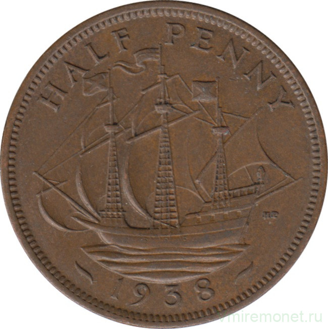 Монета. Великобритания. 1/2 пенни 1938 год.