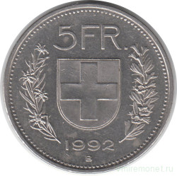 Монета. Швейцария. 5 франков 1992 год.