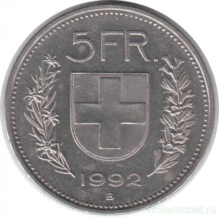 Монета. Швейцария. 5 франков 1992 год.