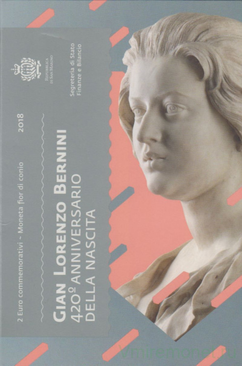 Монета. Сан-Марино. 2 евро 2018 год. 420 лет со дня рождения Джованни Лоренцо Бернини. Буклет, коинкарта.