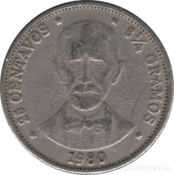 Монета. Доминиканская республика. 25 сентаво 1980 год.