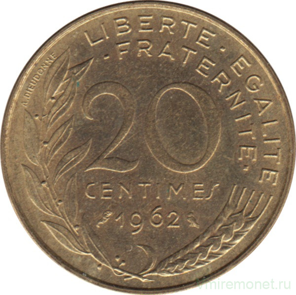 Монета. Франция. 20 сантимов 1962 год.