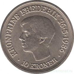 Монета. Дания. 10 крон 1986 год. 18 лет со дня рождения принца Фредерика.