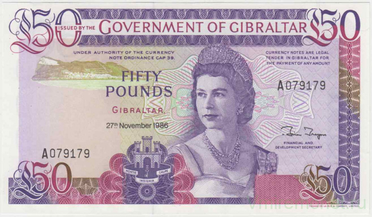 Банкнота. Гибралтар. 50 фунтов 1986 год. Тип 24.