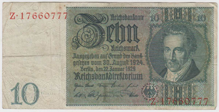 Банкнота. Германия. Веймарская республика. 10 рейхсмарок 1929 год. Литера F. Тип 3.