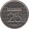 Монета. Нидерланды. 25 центов 1988 год. ав.