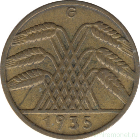 Монета. Германия. Веймарская республика. 10 рейхспфеннигов 1935 год. Монетный двор - Карлсруэ (G).
