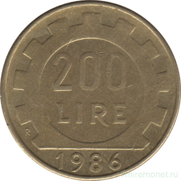 Монета. Италия. 200 лир 1986 год.