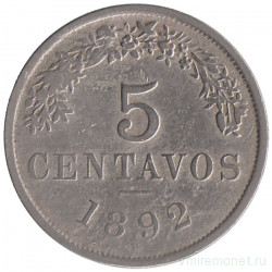 Монета. Боливия. 5 сентаво 1892 год.