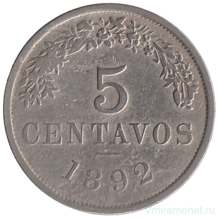 Монета. Боливия. 5 сентаво 1892 год.