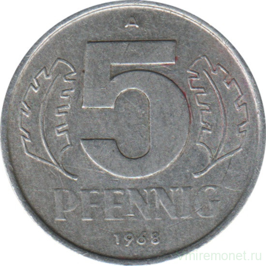 Монета. ГДР. 5 пфеннигов 1968 года .
