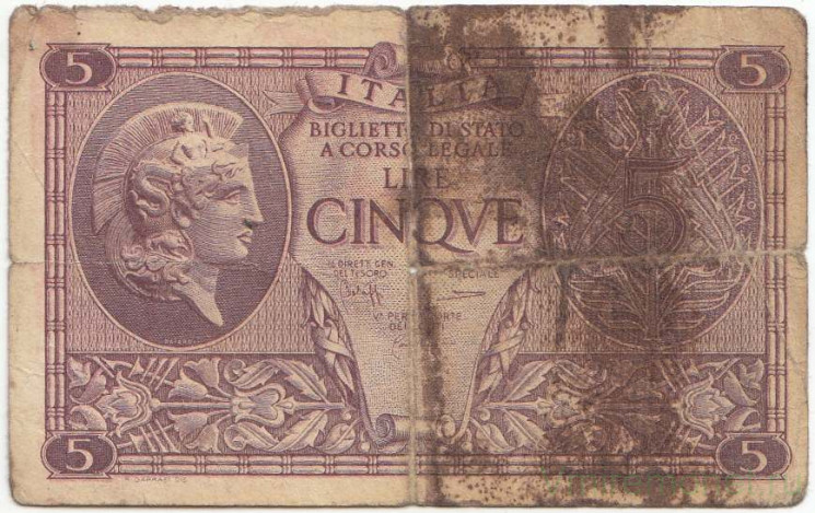 Банкнота. Италия. 5 лир 1944 год. Тип 31b.