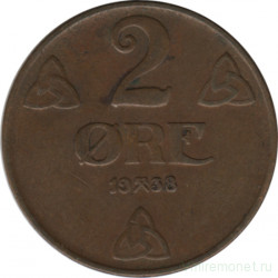 Монета. Норвегия. 2 эре 1938 год.