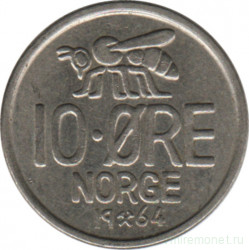 Монета. Норвегия. 10 эре 1964 год.