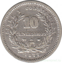 Монета. Уругвай. 10 сентесимо 1877 год.