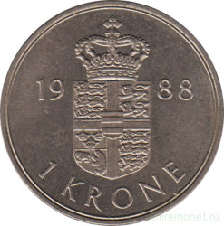 Монета. Дания. 1 крона 1988 год.