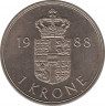  Монета. Дания. 1 крона 1988 год. ав.