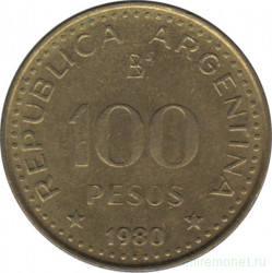 Монета. Аргентина. 100 песо 1980 год. Сталь покрытая латунью.