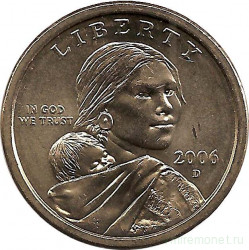 Монета. США. 1 доллар 2006 год. Сакагавея, парящий орел. Монетный двор D.