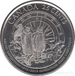 Монета. Канада. 25 центов 2013 год. 100 лет Канадской Арктической экспедиции. Матовая.