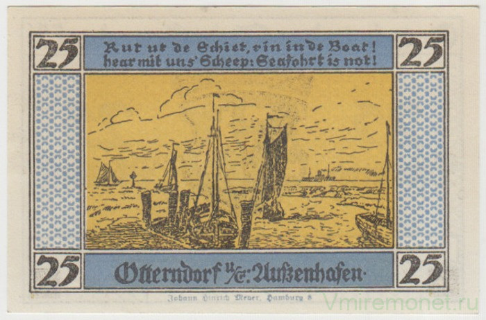 Бона. Нотгельд. Германия. Город Оттерндорф на Эльбе. 25 пфеннигов 1920 год. Вариант 1039.1.