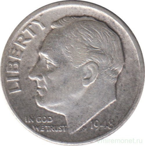 Монета. США. 10 центов 1948 год. Серебряный дайм Рузвельта. Монетный двор S.