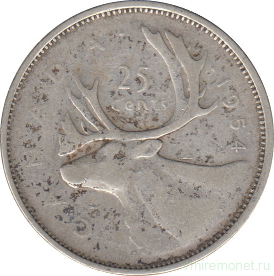 Монета. Канада. 25 центов 1954 год.