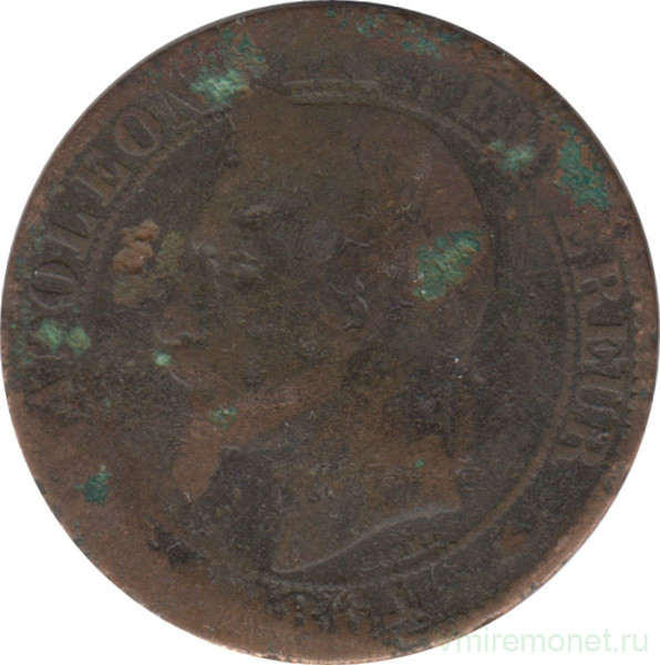 Монета. Франция. 5 сантимов 1864 год. А.