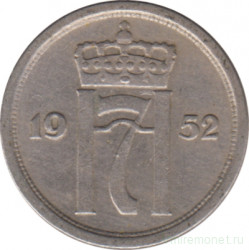 Монета. Норвегия. 25 эре 1952 год.