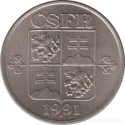 Монета. Чехословакия. 50 геллеров 1991 год.