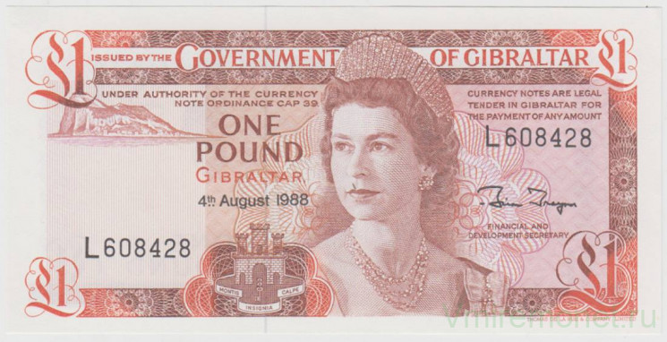 Банкнота. Гибралтар. 1 фунт 1988 год.