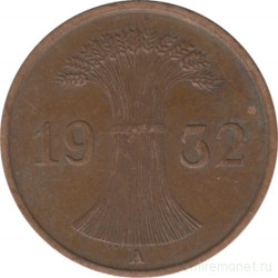 Монета. Германия. Веймарская республика. 1 рейхспфенниг 1932 год. Монетный двор - Берлин (А).
