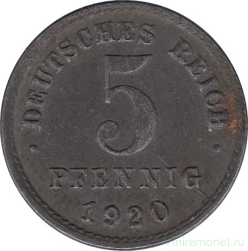 Монета. Германская империя. 5 пфеннигов 1920 год. (J).