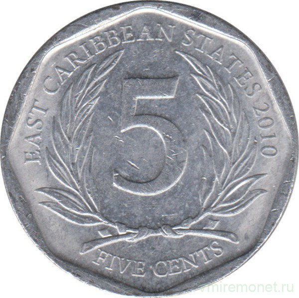 Монета. Восточные Карибские государства. 5 центов 2010 год.