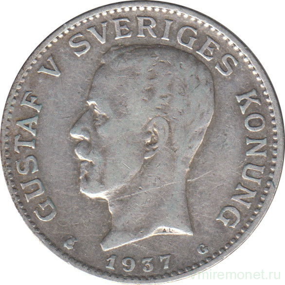 Монета. Швеция. 1 крона 1937 год.