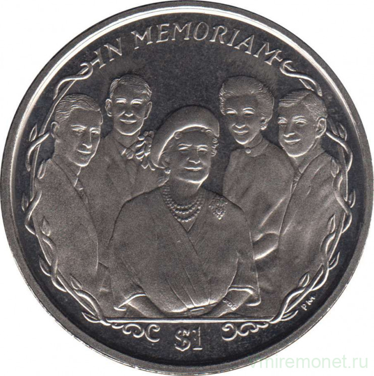 Монета. Британские Виргинские острова. 1 доллар 2002 год. Смерть Королевы-матери. Королева-мать с внуками.