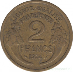 Монета. Франция. 2 франка 1934 год.