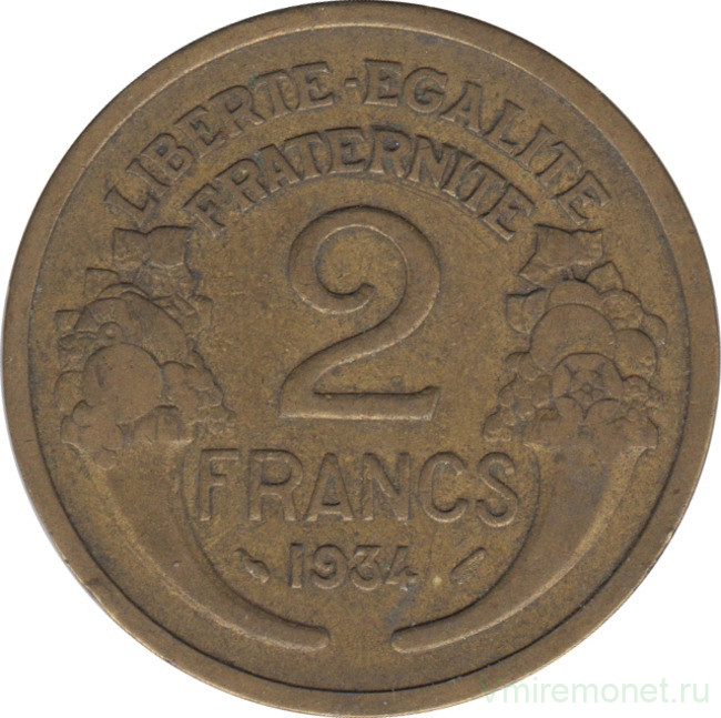 Монета. Франция. 2 франка 1934 год.