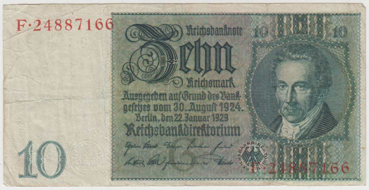 Банкнота. Германия. Веймарская республика. 10 рейхсмарок 1929 год. Литера G.