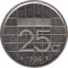 Монета. Нидерланды. 25 центов 1989 год. ав.
