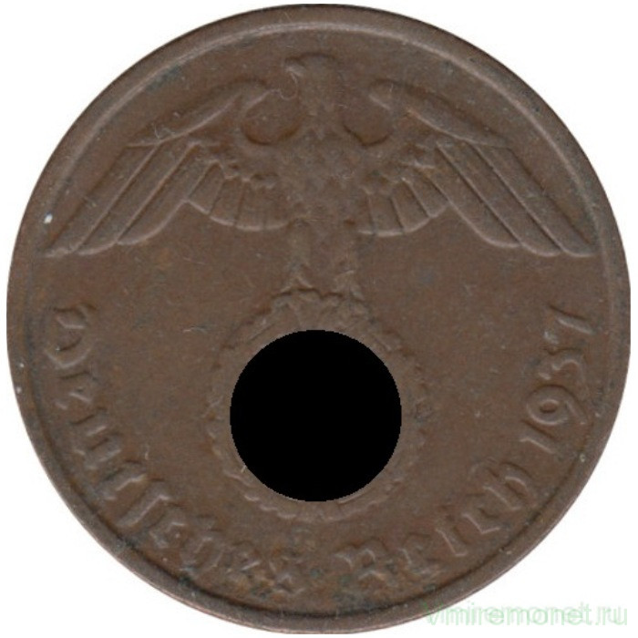 Монета. Германия. Третий Рейх. 2 рейхспфеннига 1937 год. Монетный двор - Штуттгарт (F).