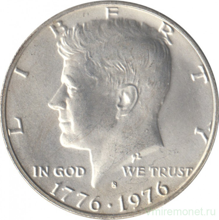 Монета. США. 50 центов 1976 год. Монетный двор S. 200 лет независимости. Серебро.