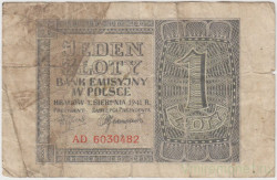 Банкнота. Польша. 1 злотый 1941 год. Оккупация Германией. Тип 99.