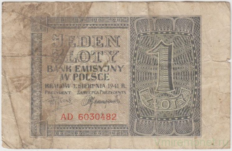 Банкнота. Польша. 1 злотый 1941 год. Оккупация Германией. Тип 99.