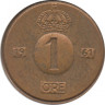 Монета. Швеция. 1 эре 1961 год ( TS ). ав.