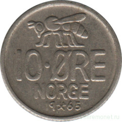 Монета. Норвегия. 10 эре 1965 год.